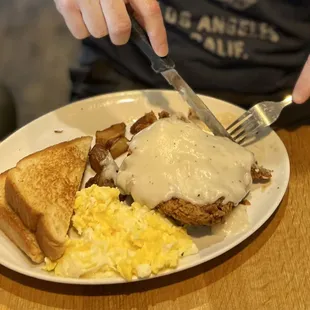 Chicken fried Steak &amp; (scrambled) eggs w/ gravy. $15.99 Tasty gravy!