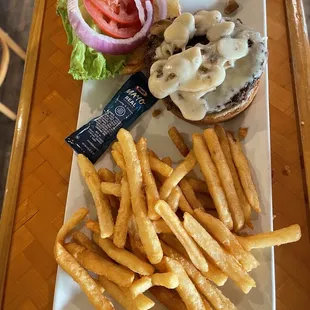 Mushroom Swiss burger and crispy fries.  Mmmm