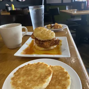 Biscuits, spicy honey chicken breakfast sandwich, fresh potatoes