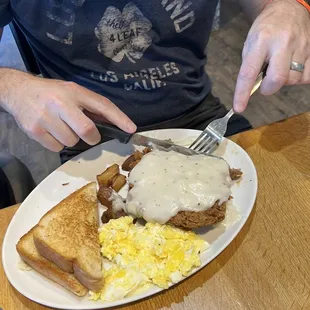 Breakfast:  Chicken fried Steak &amp; (scrambled) eggs w/ gravy. $15.99 . Tasty gravy!