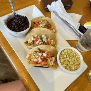 Fish tacos, rice, black beans