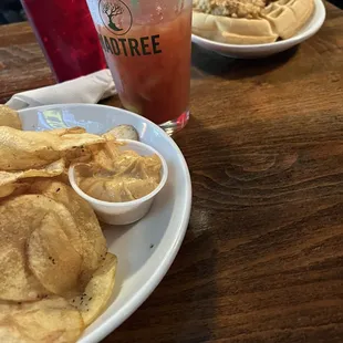 Ale soaked chips, peach party ale, classic Bloody Mary, and chicken &amp; waffles
