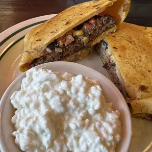 Mrs. Lucky burger wrapped in tortilla