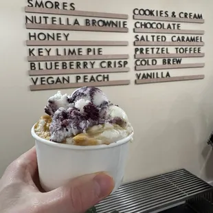 One scoop of honey ice cream, and one scoop of blueberry crisp ice cream