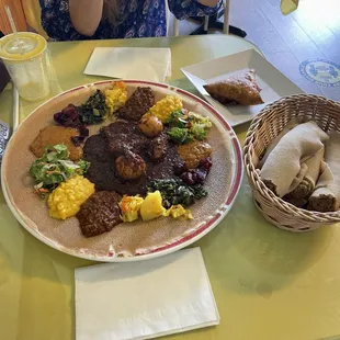 Vegan sampler plater, durawot, and lentil samosa