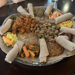 Vegan Combination with fish and beef in the middle.