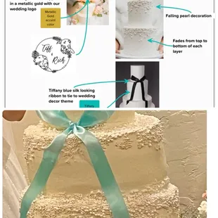 The design specifications I gave for the wedding cake on top, final result on the wedding day.