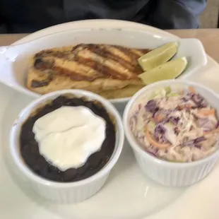 Husband&apos;s salmon, mole black beans and cole slaw