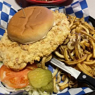 Pork tenderloin sandwich and homemade curly q fries
