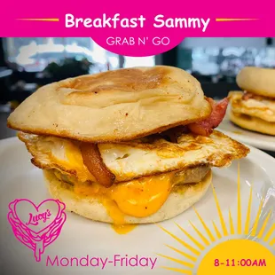 Introducing the most delicious bfast sammy comin atcha M-F 8:30-11AM. Call ahead or stop in for Grab N Go!