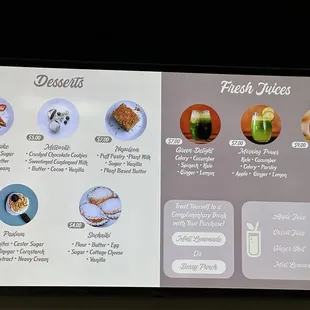 Desserts and Juice Menu  Treat Yourself to a Complimentary Drink with Your Purchase! Mint Lemonade or Berry Punch  November 2024