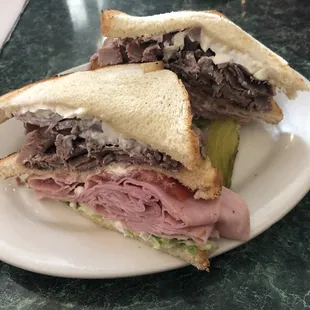 Ham and beef double decker. Lucy roasts and slices her own beef!