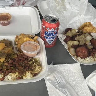 Left: Pollo Guisado, Rice and Beans, Tostones. Right: Carne Fritas, Rice and Beans, Tostones.