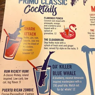 Cocktail drink menu.