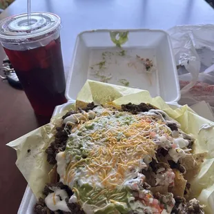 Carne Asada fries and a large Jamaica