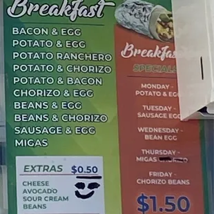 Breakfast taco/ burrito menu