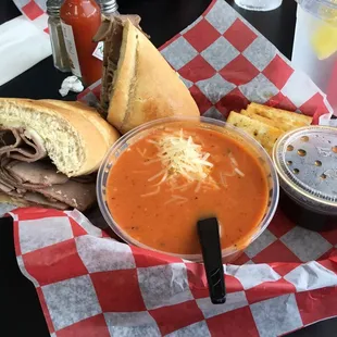 French dip and tomato bisque soup