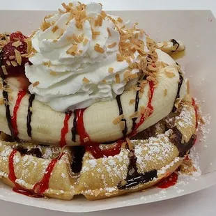 Banana split waffle with 3 scoops of ice cream