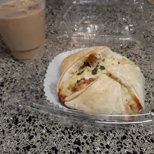 Vanilla Iced Coffee, spinach egg puff