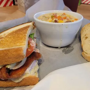 Turkey Pesto and corn chowder.