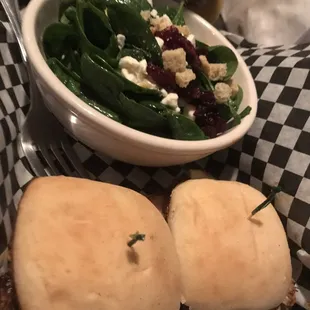 Mini burgers beef and pulled pork and a side salad (salad and beef burger great.  I didn't love the pork)