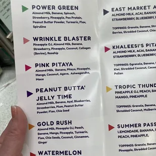 Smoothies menu