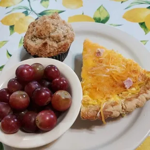 a plate of fruit and a muffin