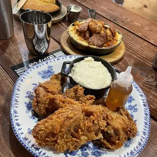 Buttermilk Fried Chicken, corn bread, Shrimp and Grits