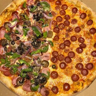 Half supreme and half pepperoni / hot honey.