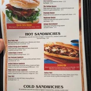 Menu Burgers and Sandwiches