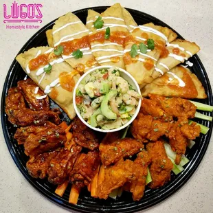 Superbowl Platter!!! PROMOTION. $55.+tax FREE DELIVERY!*  6-8 ppl servings.Tropical Ceviche, Empanadas, Hot &amp; BBQ Wings. Pre-Order Only!