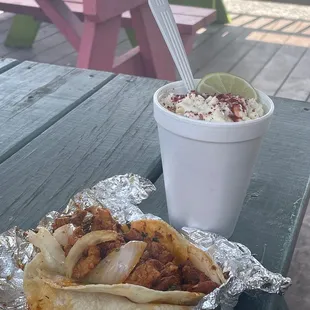Pastor taco and elote cup