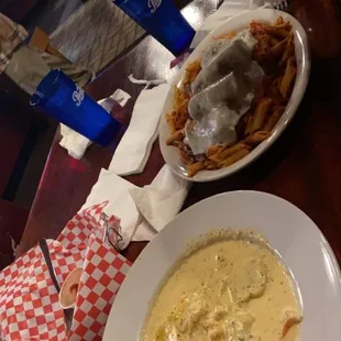 Fake Crab shrimp ravioli (5 pieces of ravioli) and 2 meatballs 2 sausage pasta both $16.50