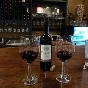 three glasses of wine and a bottle of wine