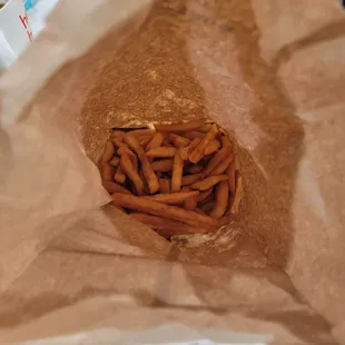 Bag of fries, no container or holder, just an order of fries thrown in a bag.