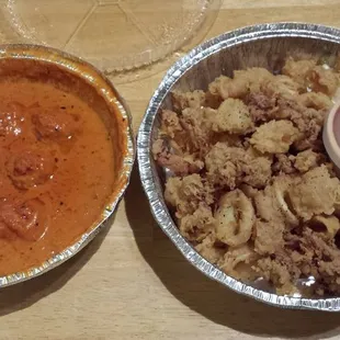 Stuffed mushrooms in Alla Panna sauce and calamari