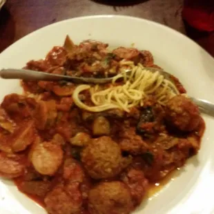 Spegetti all the way. Great portions to take home