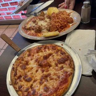 Medium cheese, pizza, spaghetti meatballs