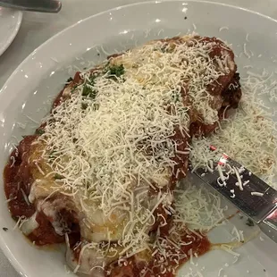 Chicken parmesan with meat sauce, very yummy!