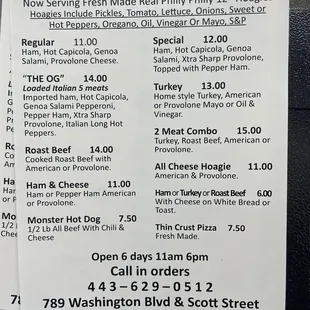 menu for main street market