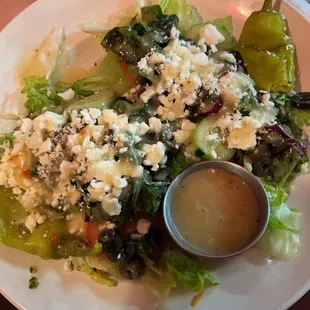 Excellent Greek salad with tons of black olives! I used too much oil but it was extremely fresh and the large is big enough for 2.