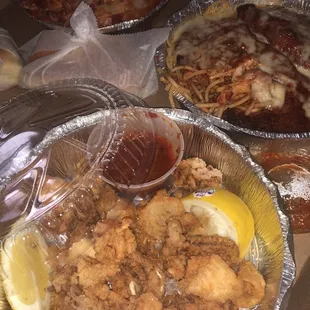 Fried Calamari is way too hard and the Spaghetti with Chicken parmesan is over cooked. This meal was very disappointing