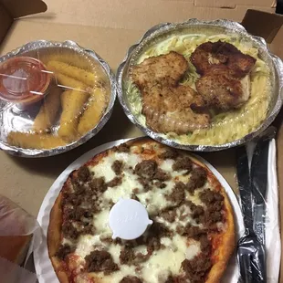 Mozz sticks, personal pie with meat balls and chicken cutlet with alfredo linguine.