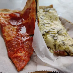 A slice of pepperoni and a slice of cheese