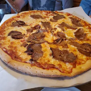 Sausage and meatball pizza.  Karen is an awesome waitress!