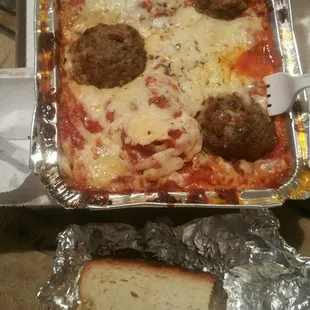 pasta wit meatballs w/garlic bread for the first time. It was tasty! Next time today, will add mushrooms, extra mozz and extra meat