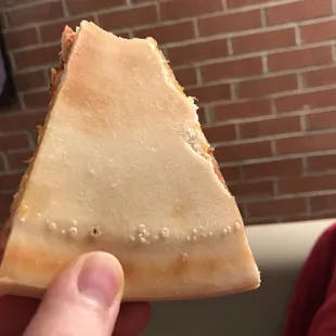 a hand holding a piece of pizza