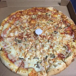 The 20" pizza! I ordered it with chicken and mushrooms.