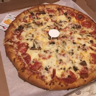 Mom and dads pepperoni and mushroom with extra cheese!