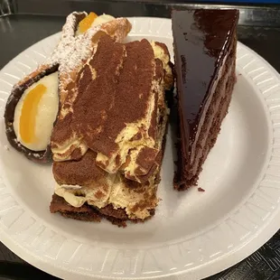 (Left) cannoli, tiramisu, chocolate cake (right)
